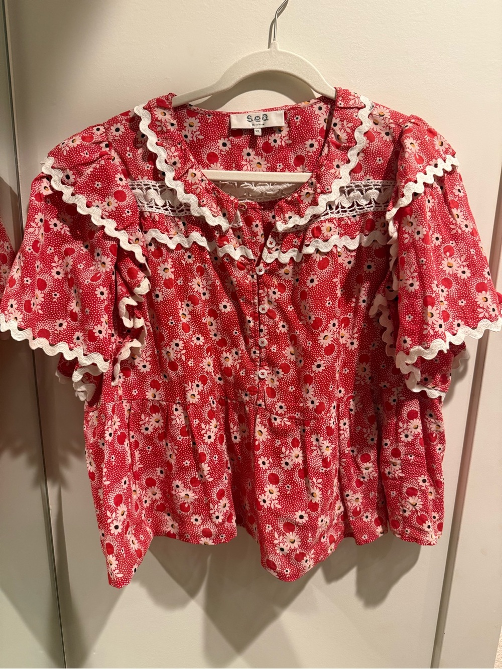 Sea New York Red Daisy Ruffle Lace Yoke Blouse